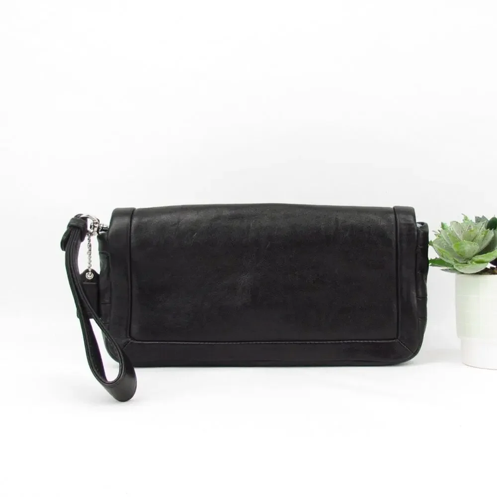 Coach Black Leather Clutch W/ Black Wrist Strap